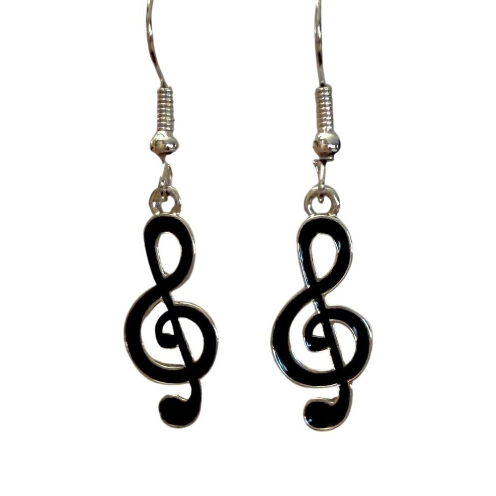 Treble Clef Dangle Earrings In Black and Silver For Music Lovers Singers Pianist